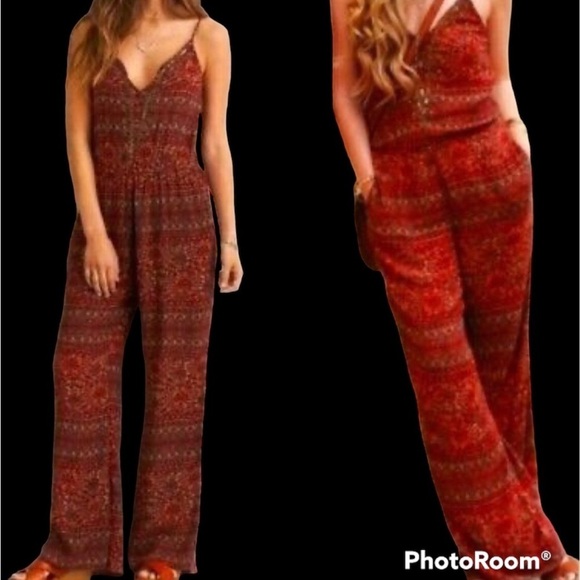 American Eagle Outfitters Pants - AMERICAN EAGLE Beaded Rust 100% Viscose Boho Print Pocket Jumpsuit​​